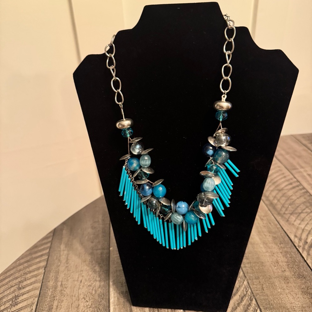 Embellished Statement Necklace Silver Tone Blue Beads Boho‎ Western